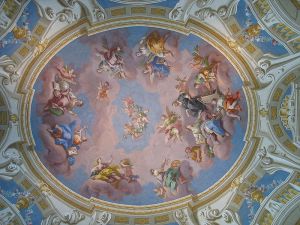 Deckenfresko von Bartolomeo Altomonte. Dargestellt sind die Medizin, Arzneikunde, Anatomie, Architektur, Mathematik, Geographie, Astronomie, Geologie und Physik.