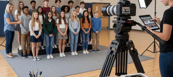 Camera on tripod beside framed children’s portraits in classroom