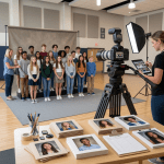 Camera on tripod beside framed children’s portraits in classroom
